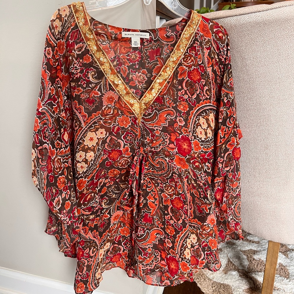 Like New Banana Republic Beaded Colorful Sheer Blouse